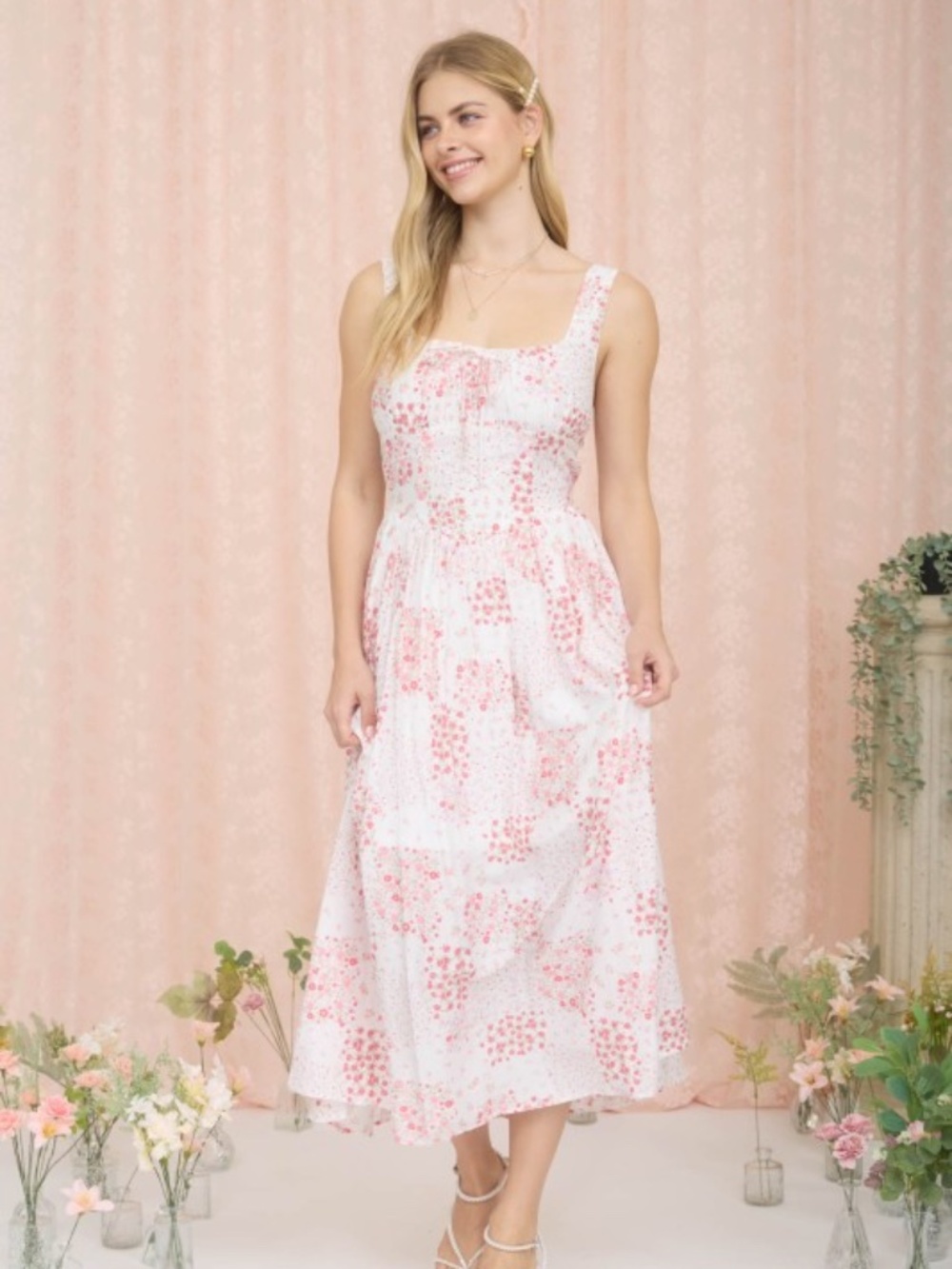 Floral Sleeveless Corset Front Tie Midi Dress